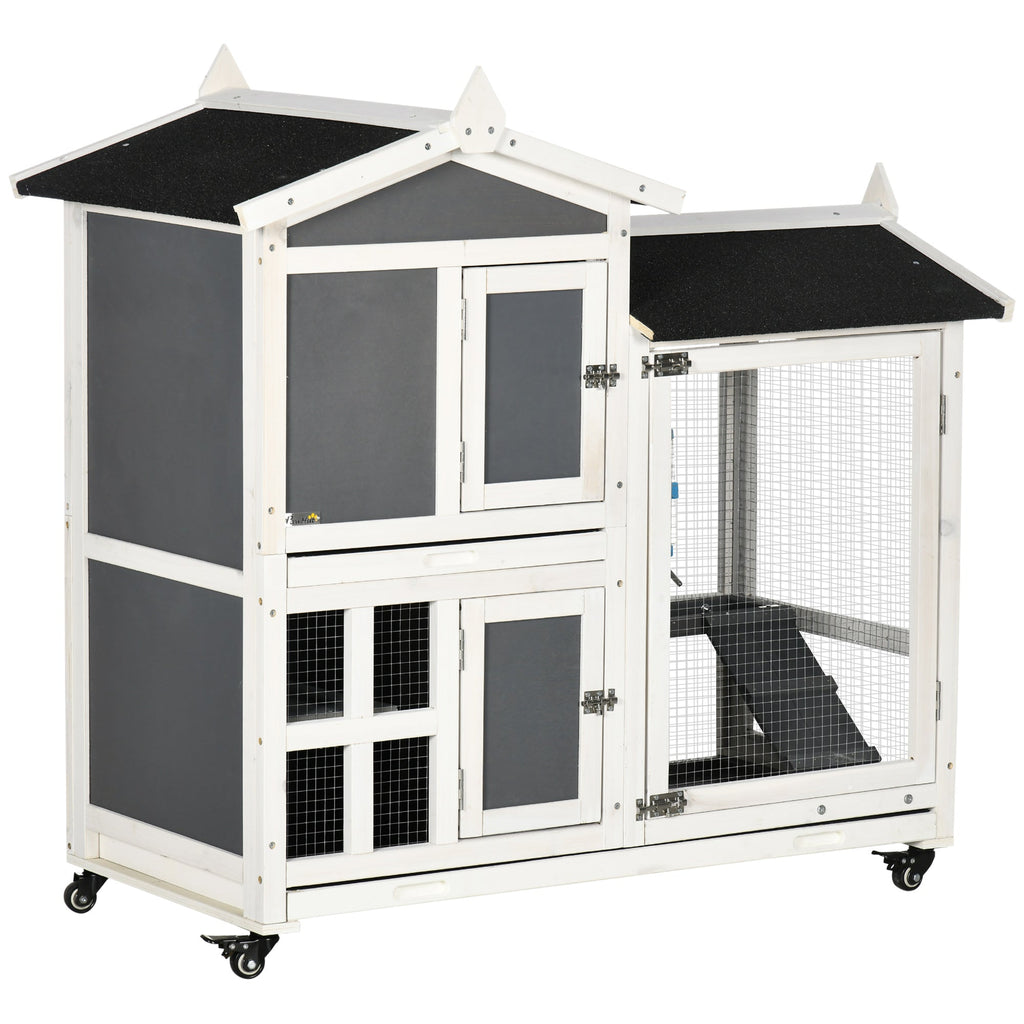 Outdoor Rabbit Hutch for 2 Wooden Rabbits with Removable Tray and Running Area, 110x60x104 cm - Borge' Group Limited
