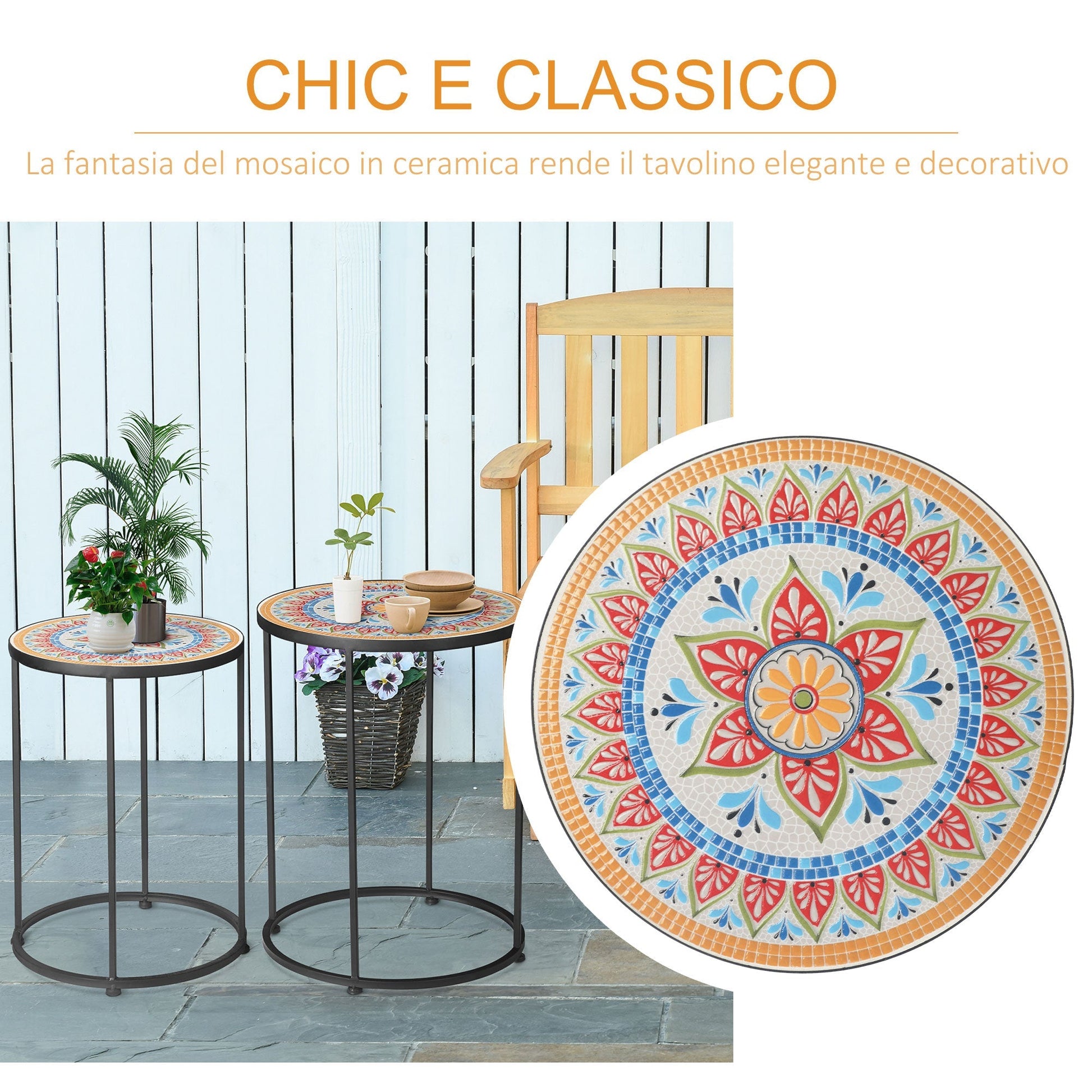 Outsunny garden set 2 metal and ceramic garden tables with mosaic top, ф41x53cm and ф36x49.5cm - Borgè