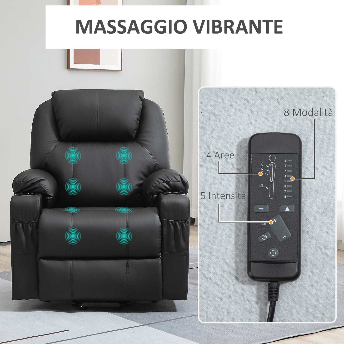 Ultimate Comfort: Reclining Lift Chair with 8 Massage Points & Footrest - Black (88x92x106 cm) - Borgè