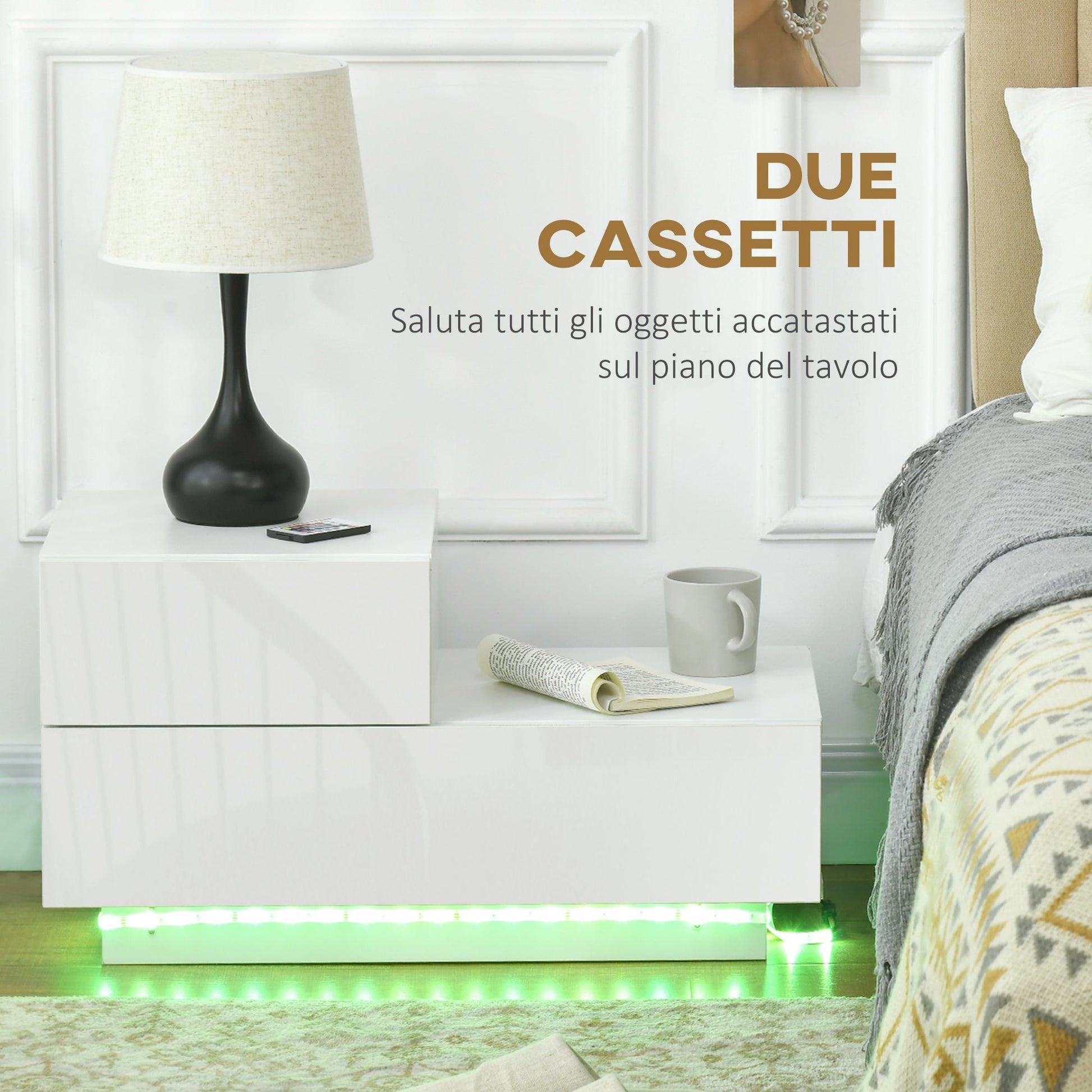 Homcom Modern bedside table with 16 RGB LED lights, remote control and two trooped drawers, 70x37x38cm, white - Borgè