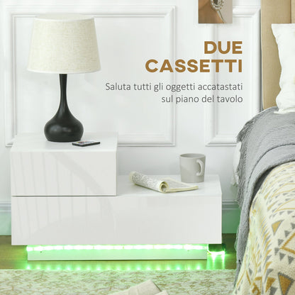 Homcom Modern bedside table with 16 RGB LED lights, remote control and two trooped drawers, 70x37x38cm, white - Borgè