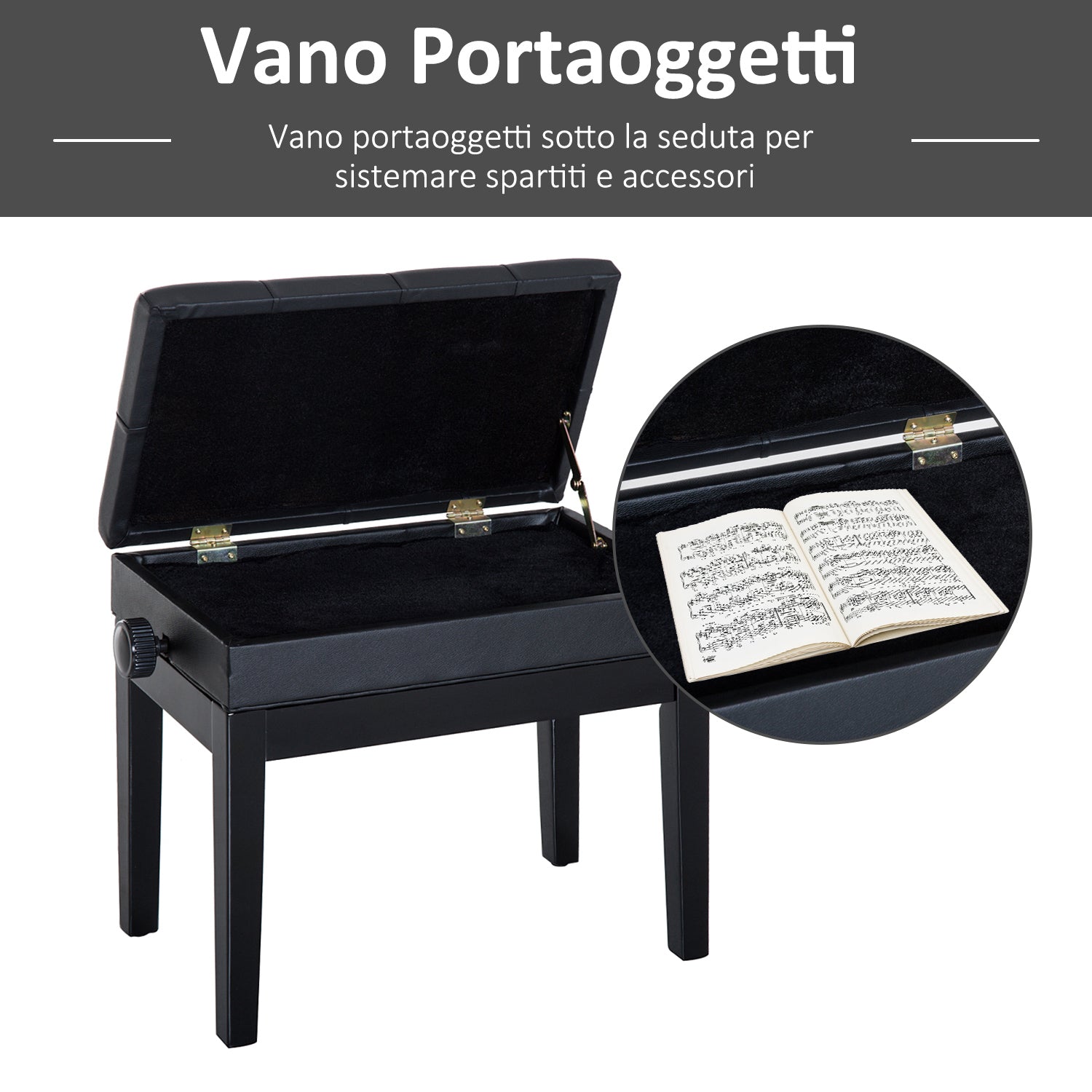 Stool Benchetta Bench Piano chair with PORTOGGGEMENT ROAD ADJUSTABLE HEIGHT, 54.5x33x48-58cm, Black - Borgè