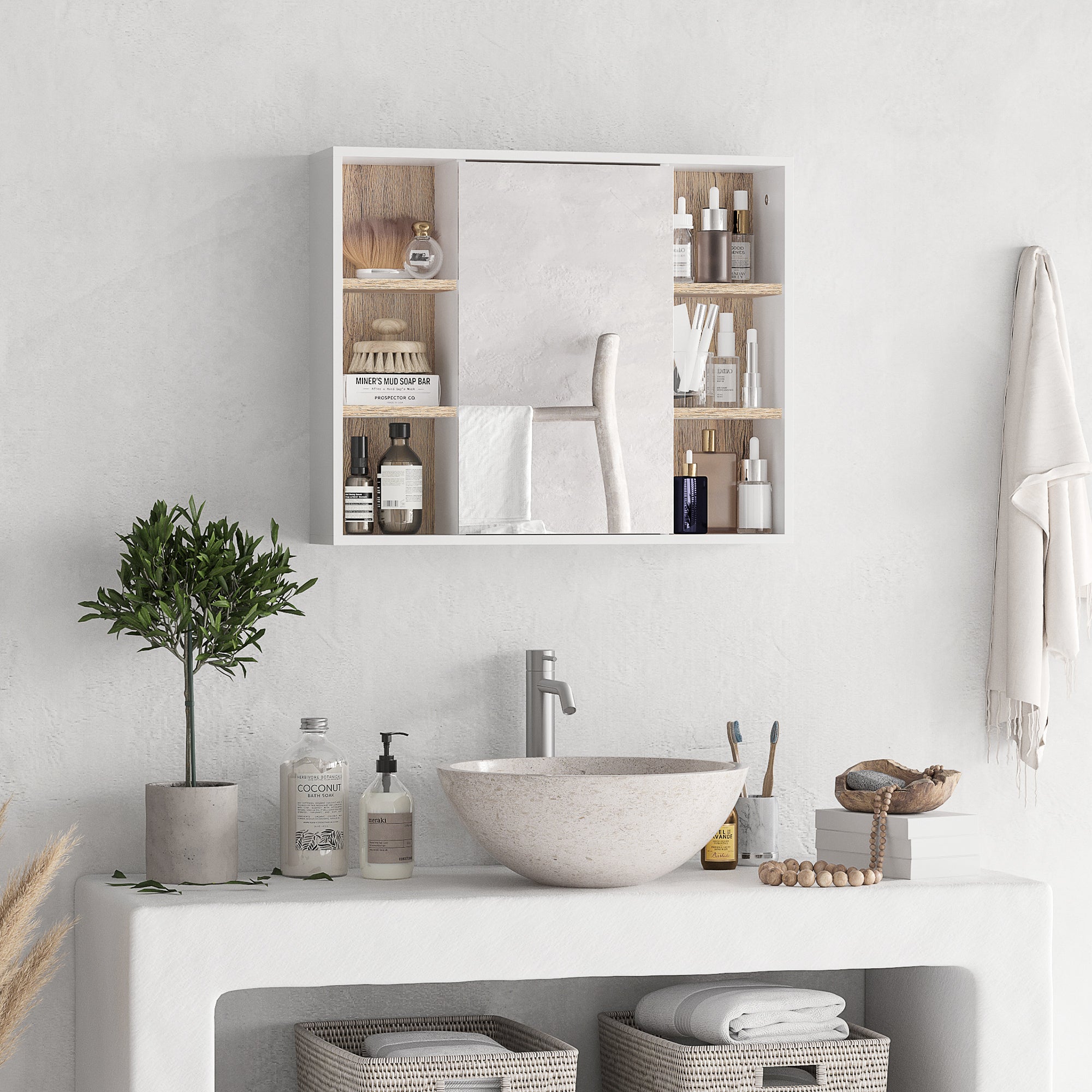 Homcom cabinet with mdf mirror and chipboard with 3 side shelves and internal adjustable shelf, 60x14.5x49.4 cm - Borgè