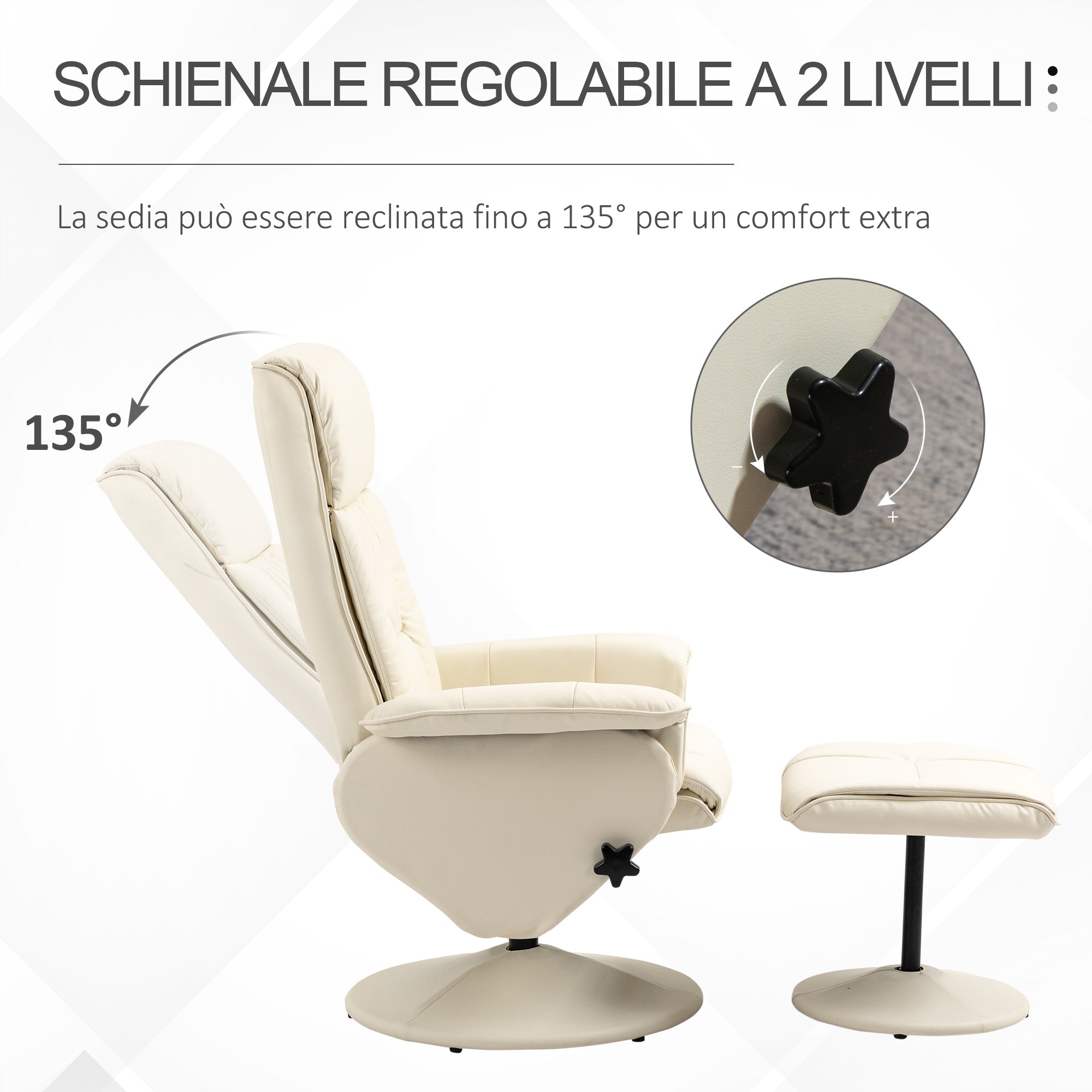 CREMA | Cream Armchair up to 135 ° with swivel seat and with footrests | 80x69x110cm - Borgè