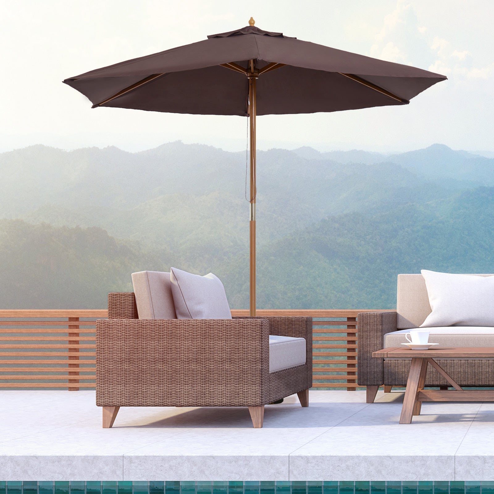 Garden Umbrella 2.5x2.3 m with 6 Ribs and Crank Handle, Made of Wood and Polyester, Brown - Borge' Group Limited