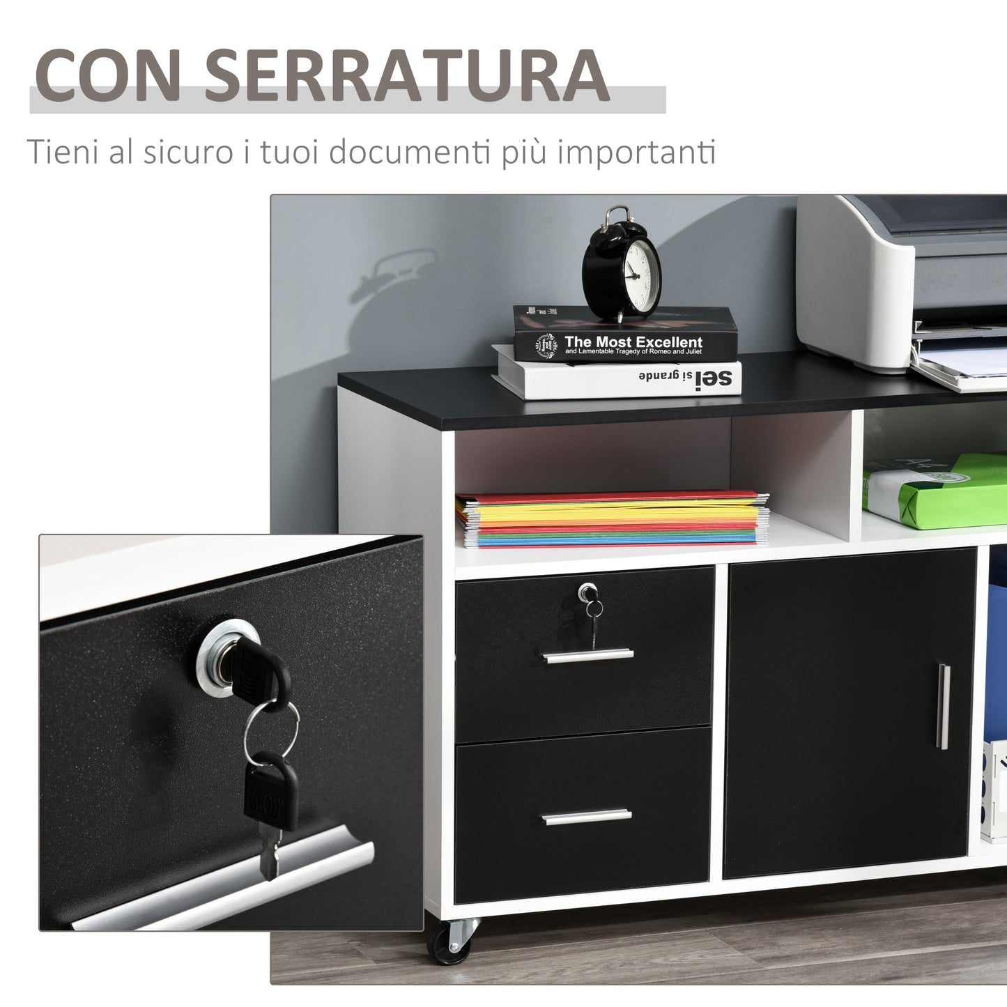 Mobile Printer Porta With Drawers Multiuse Black And White Cabinet - Borgè