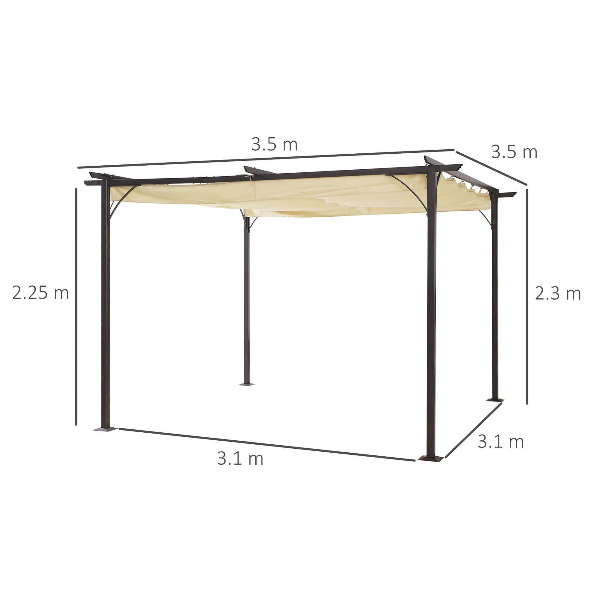 MISSES | Garden Pergola with Retractable Parasol, Black Frame, and Beige Canopy (350 x 350 x 230cm) - Borgè