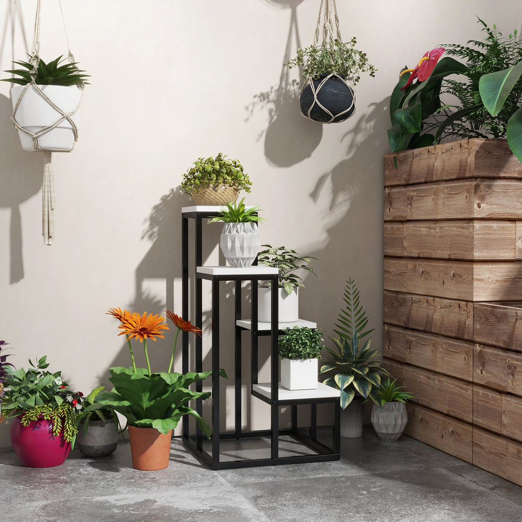 Outsunny shelf for 4 -level plants in steel and wood, 34x34x70cm, black and white - Borgè