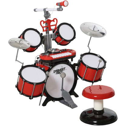 Homcom Set Battery for children with musical instruments, sound effects and toy microphone, 77.5 x 40 x 76.5cm, red - Borgè