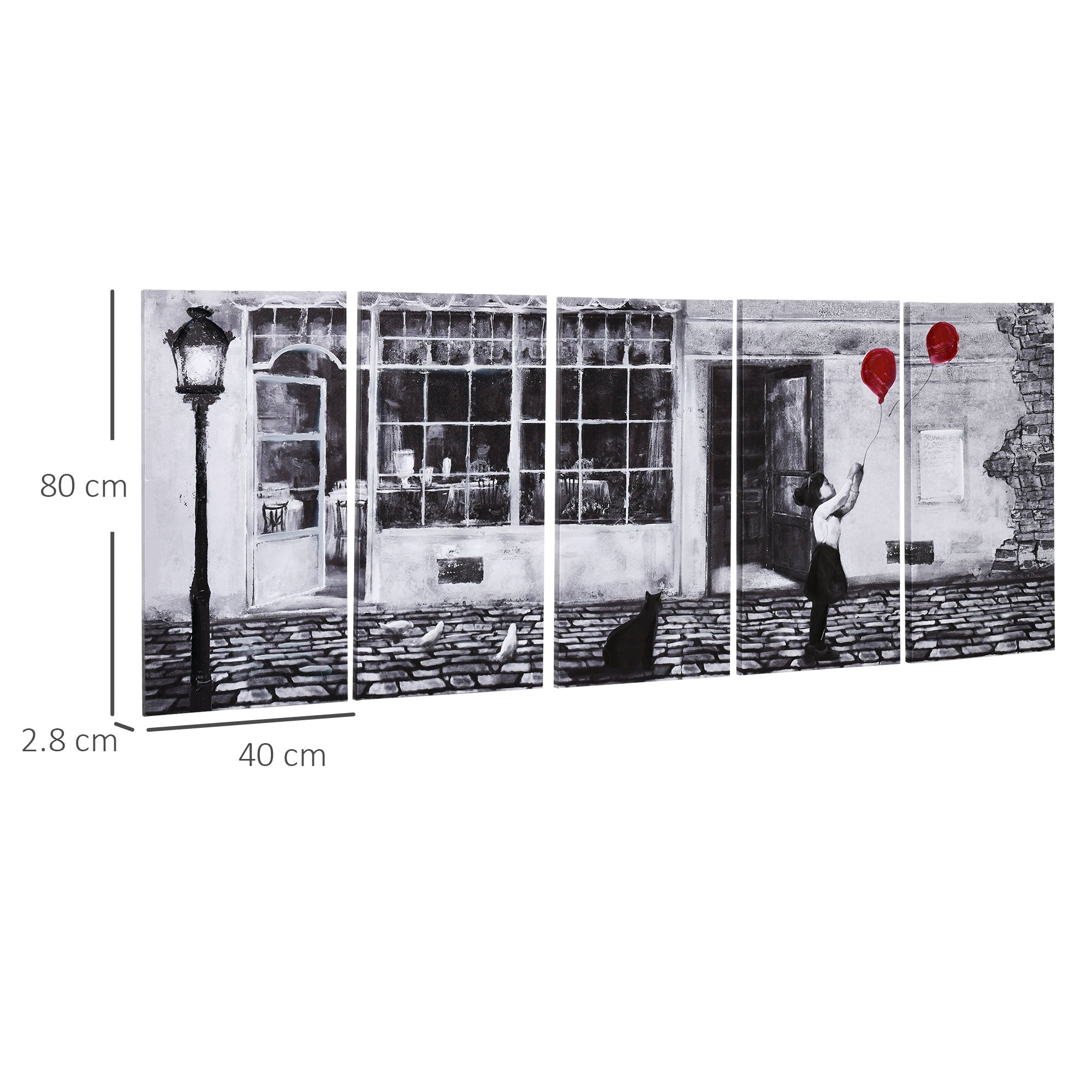 Canvas Print with Little Girl, 80x40cm, 5 Pieces for Home and Office, Pine Wood Canvas and Water-Based Paint, Black White Red - Borgè