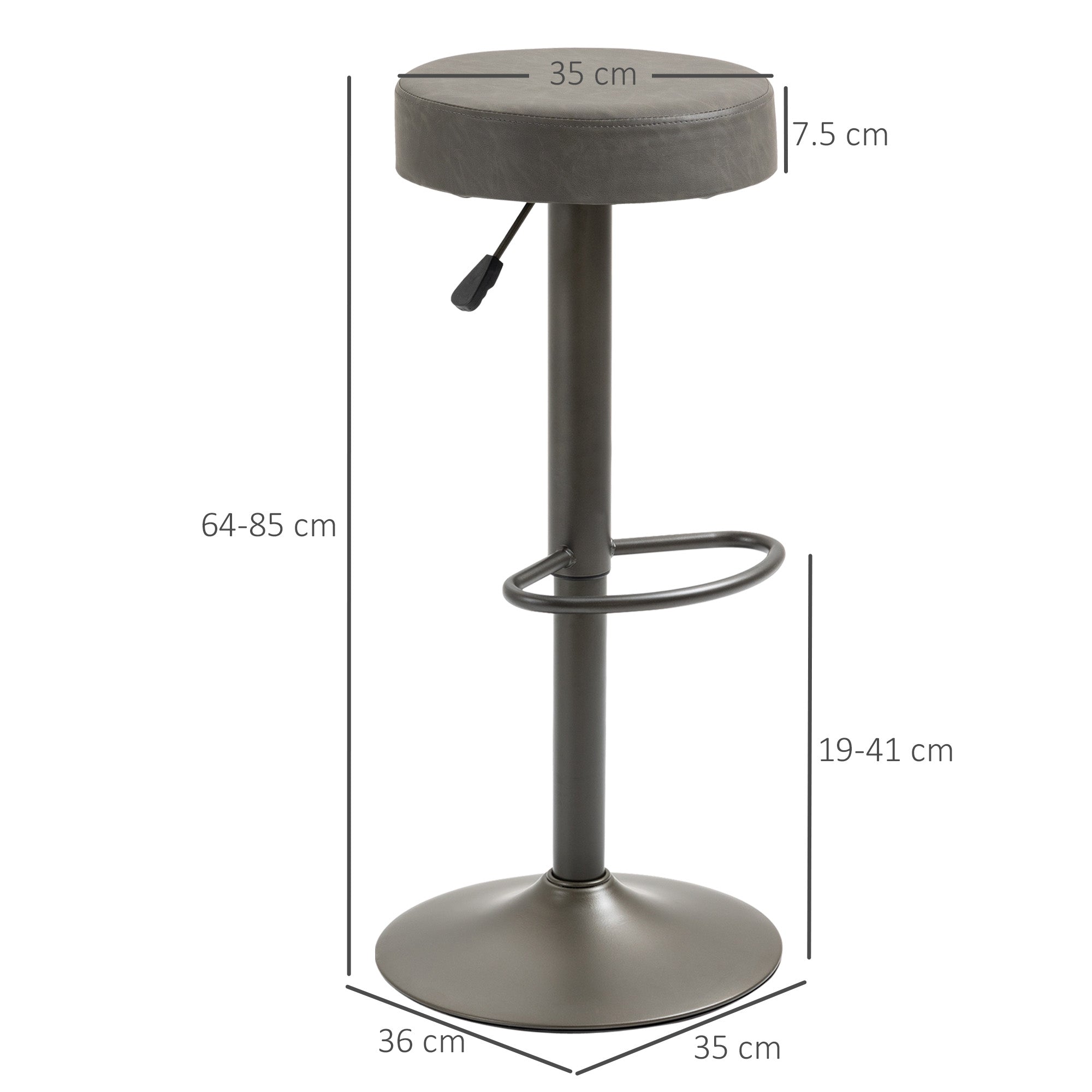 Set 2 swivel bar stools with residential footrests and height, 35x36x64-85cm, Grey - Borgè