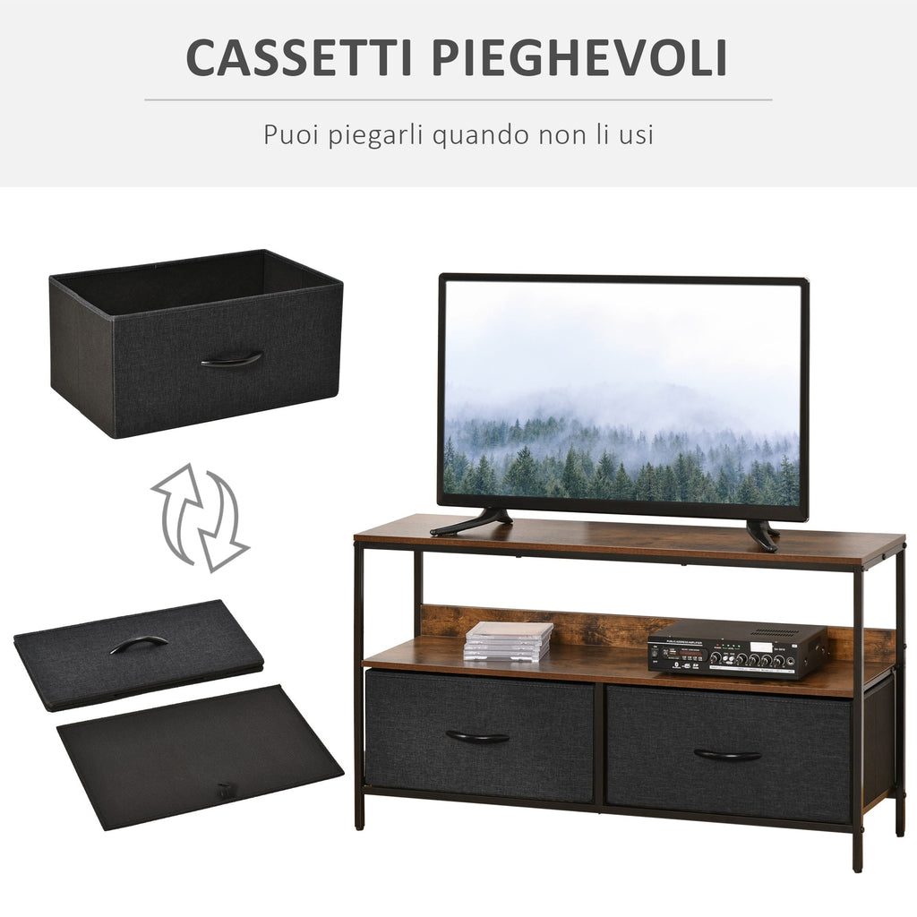 Industrial Style TV Mobile with fabric and shelf draws, metal and mdf, 98x29x56cm, brown - Borgè