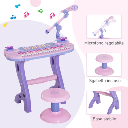 Pianola for children at 37 keys with stool and microphone, 12 instruments and 22 music, recording, mp3 and karaoke, pink - Borgè