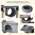 Cat Tree for cats with Scratch Pole, hammock, suspended beds and poles in sisal rope, Grey, 60x40x154cm - Borge' Group Limited