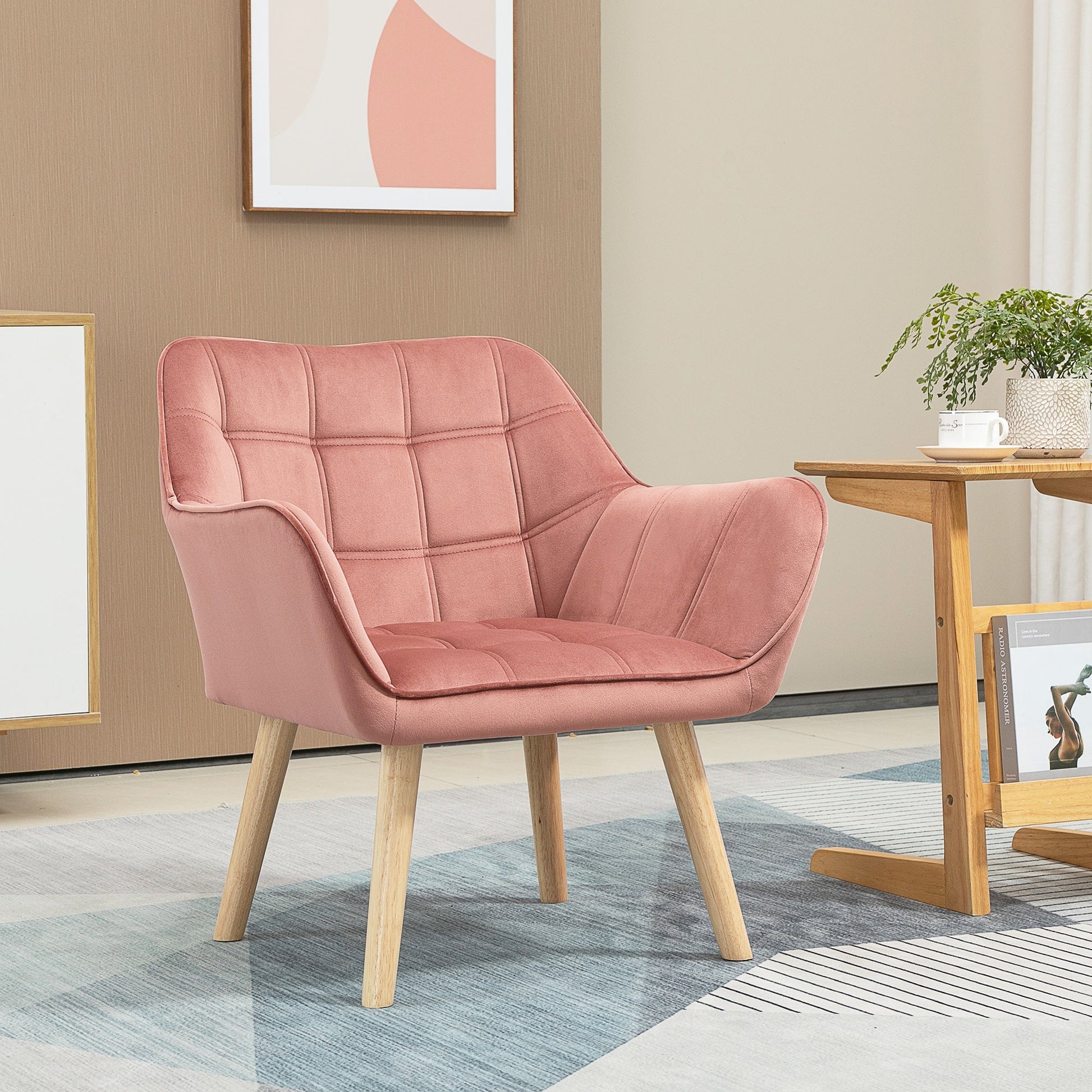 TROMSO | Nordic style armchair in wood and Pink velvet effect for living room or office | 68.5x61x72.5 cm - Borgè