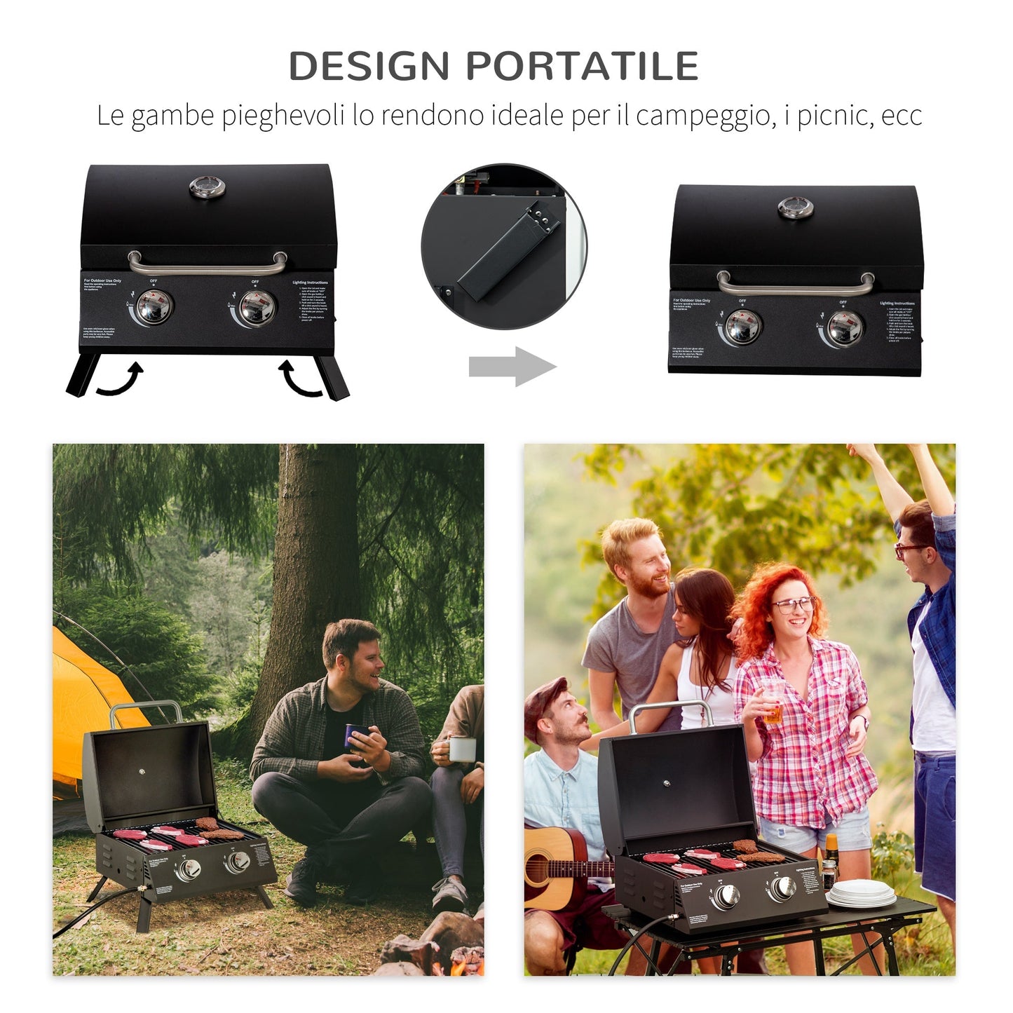 Black Folding Gas Barbecue with Lid and 2 Steel Burners - Borgè