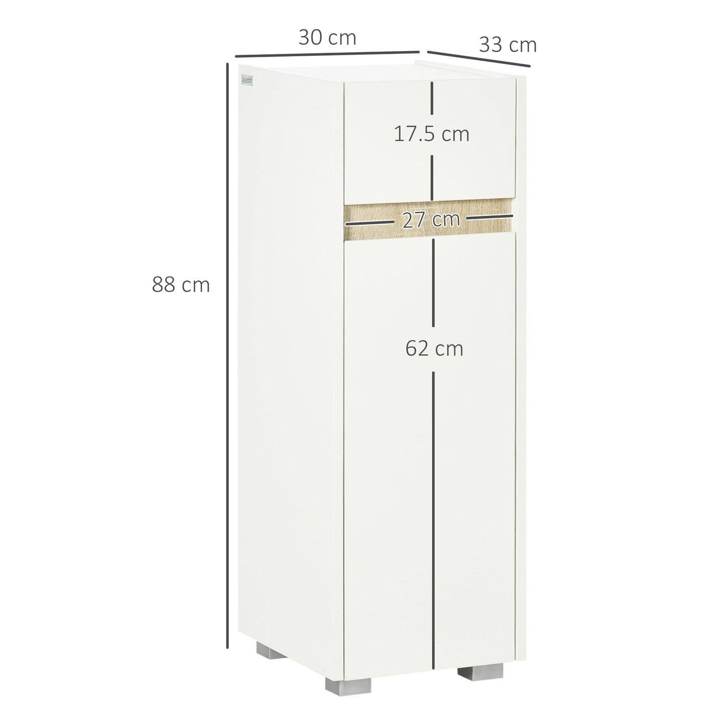 kleankin bathroom cabinet with drawer and locker with adjustable wooden shelf 30x33x88cm, white - Borgè