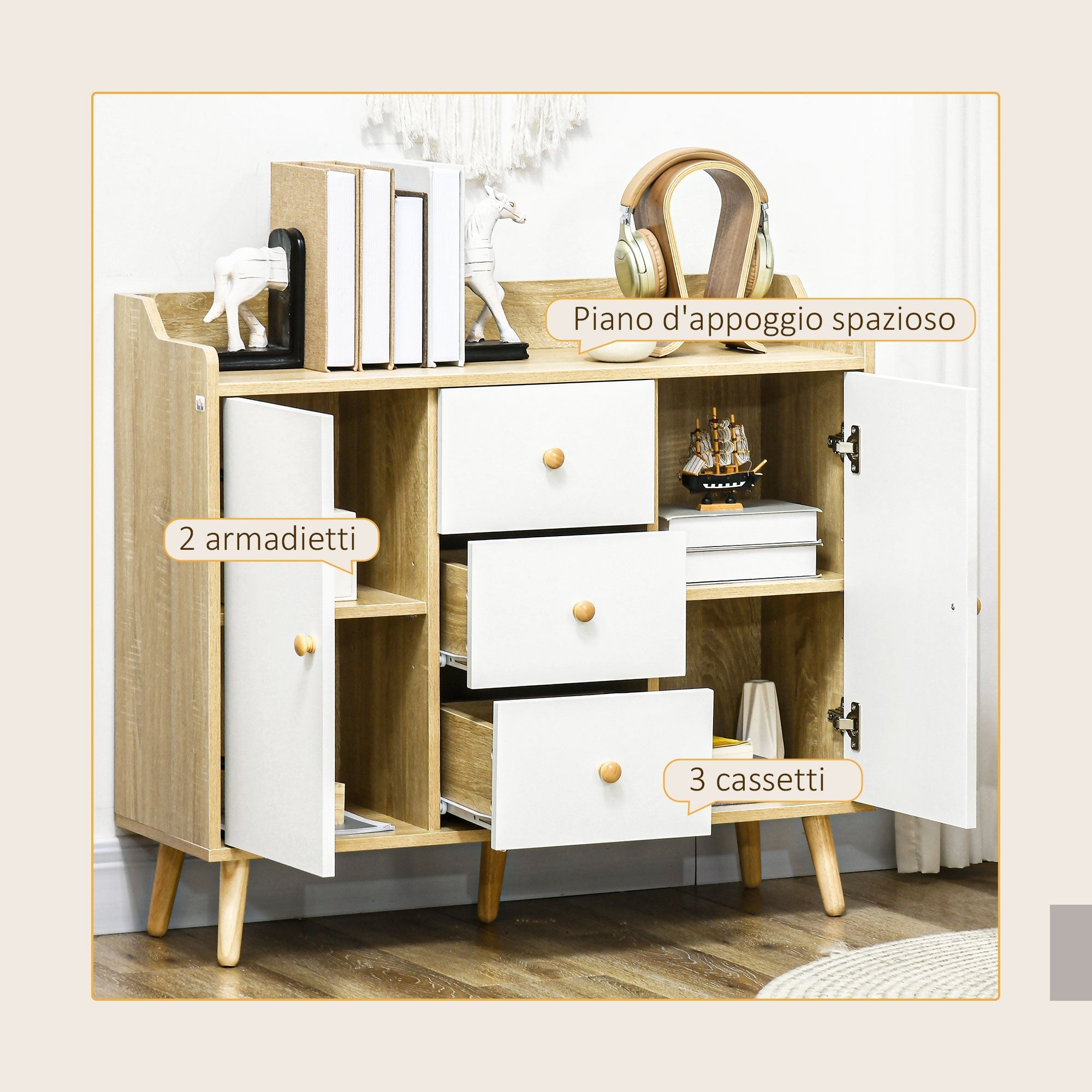 Homcom Modern unit in Pino wood with 3 drawers and 2 doors, 90x32x80h cm - Borgè