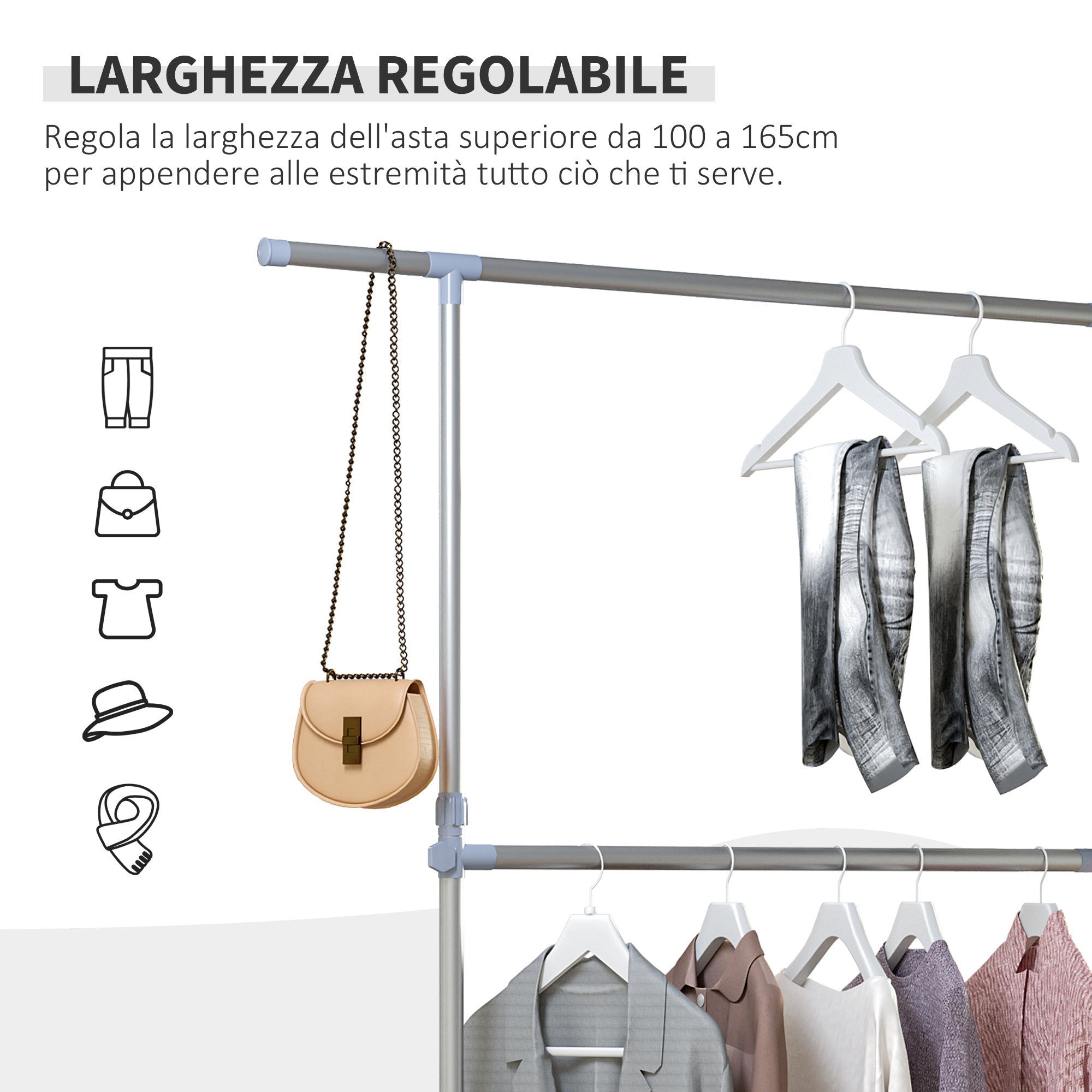 Stenter bend with adjustable height and extension, 4 swivel wheels, stainless steel and ABS, 165x48x180cm - Borgè
