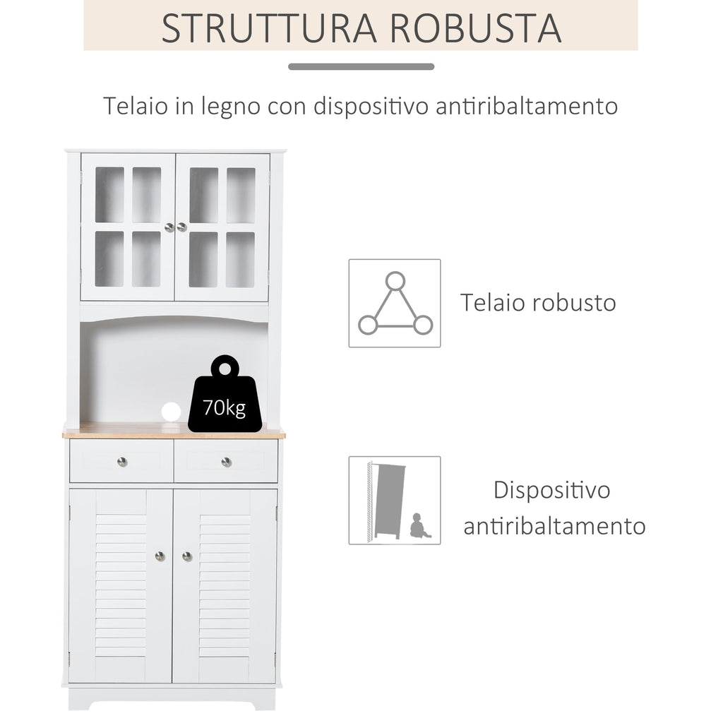 High Credenza For Kitchen, White Wood Buffet Mobile, Classic style, white, 68x39.5x170cm - Borgè