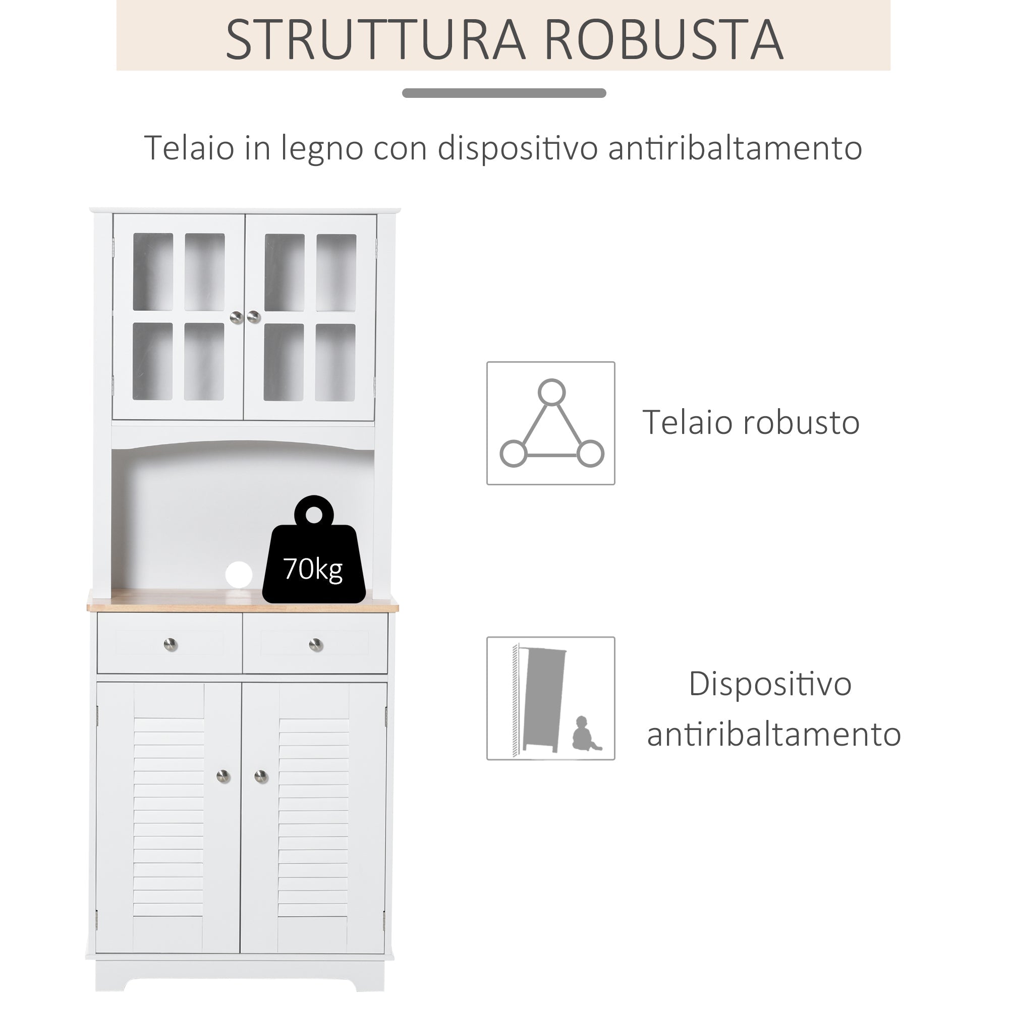 High Credenza For Kitchen, White Wood Buffet Mobile, Classic style, white, 68x39.5x170cm - Borgè