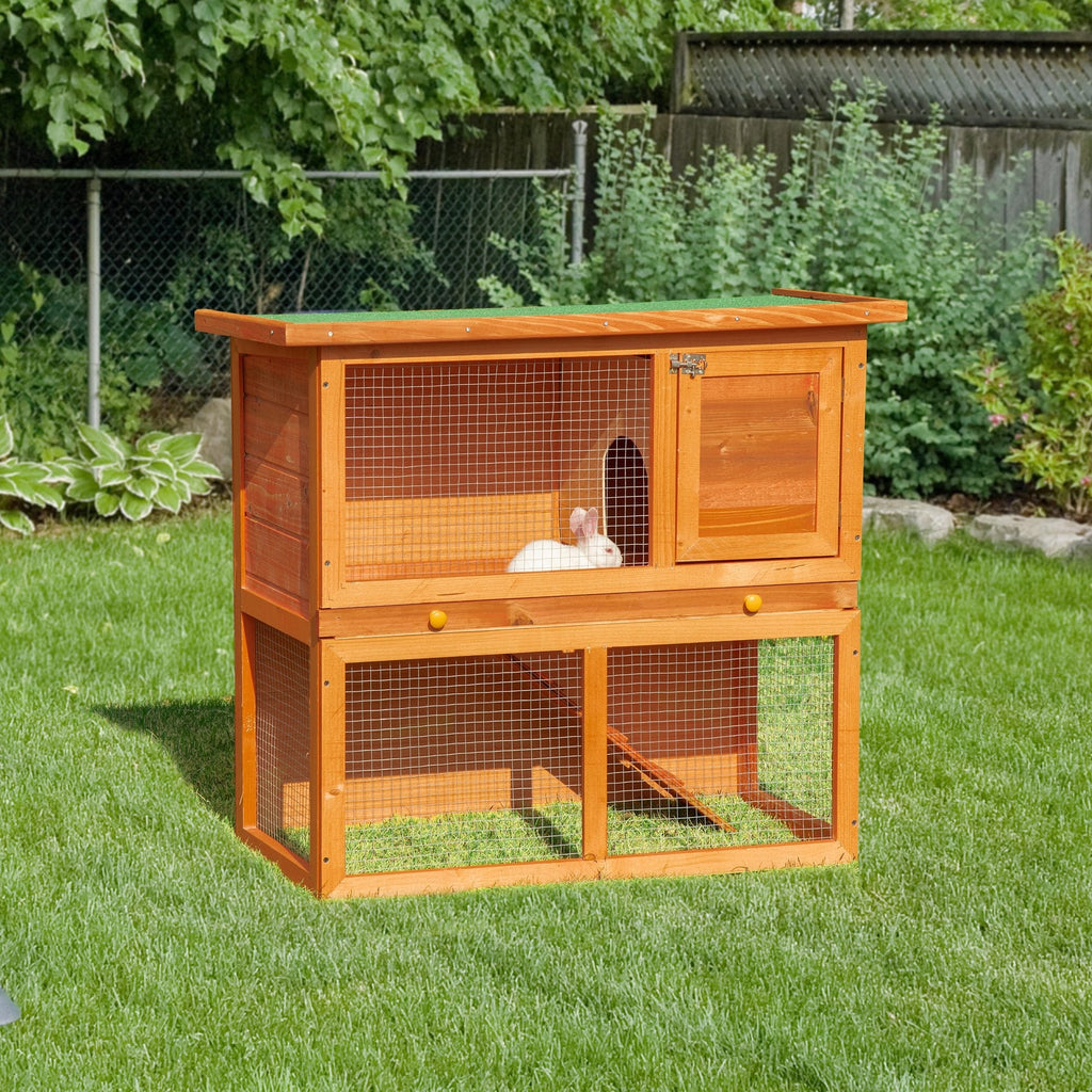 Two-Story Rabbit Hutch, Outdoor Rabbit Hutch with Spruce Wood House, 90x45x80 cm - Borge' Group Limited