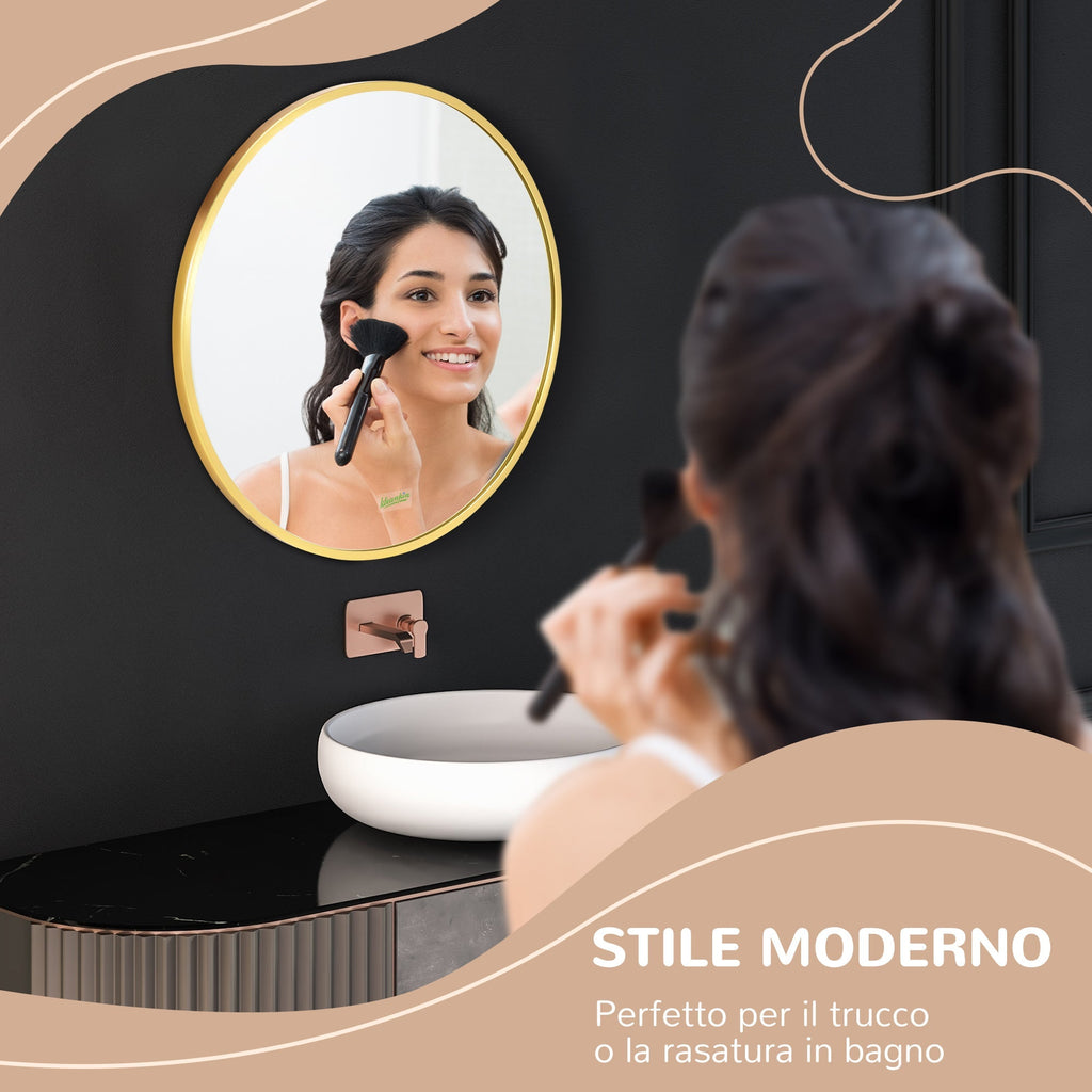 Kleankin Round Bathroom Mirror with Aluminum League wall frame, Ã˜50x2cm, gold - Borgè