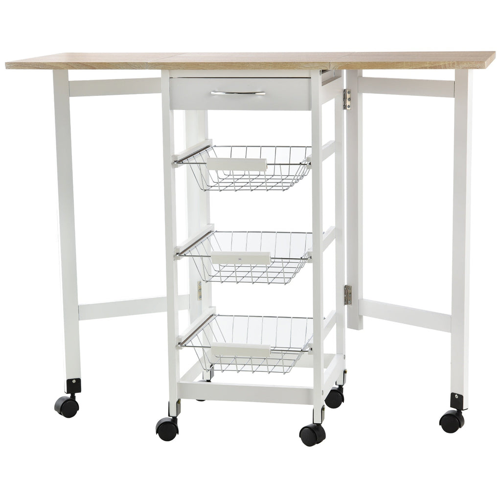kitchen trolley with 3 baskets, drawer and flaps, 6 swivel wheels, in MDF and metal, 37x37x77.5cm, white and wood - Borgè