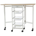 kitchen trolley with 3 baskets, drawer and flaps, 6 swivel wheels, in MDF and metal, 37x37x77.5cm, white and wood - Borgè