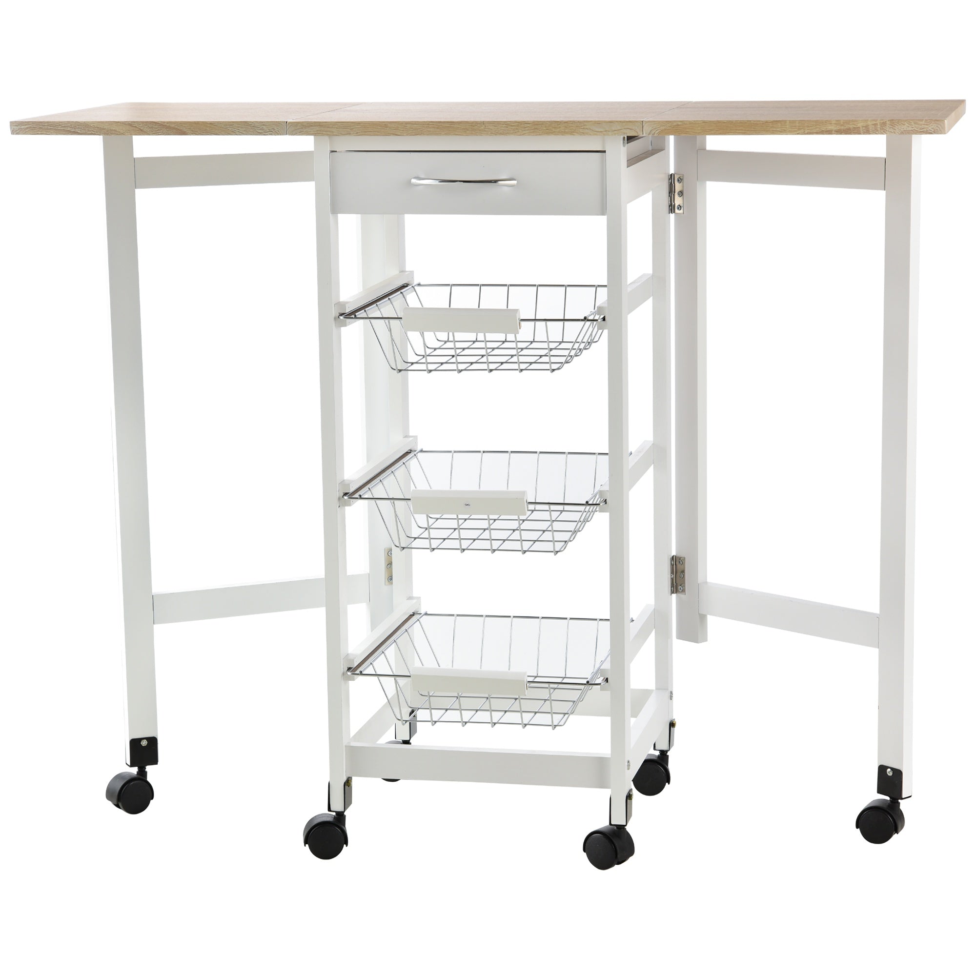 kitchen trolley with 3 baskets, drawer and flaps, 6 swivel wheels, in MDF and metal, 37x37x77.5cm, white and wood - Borgè