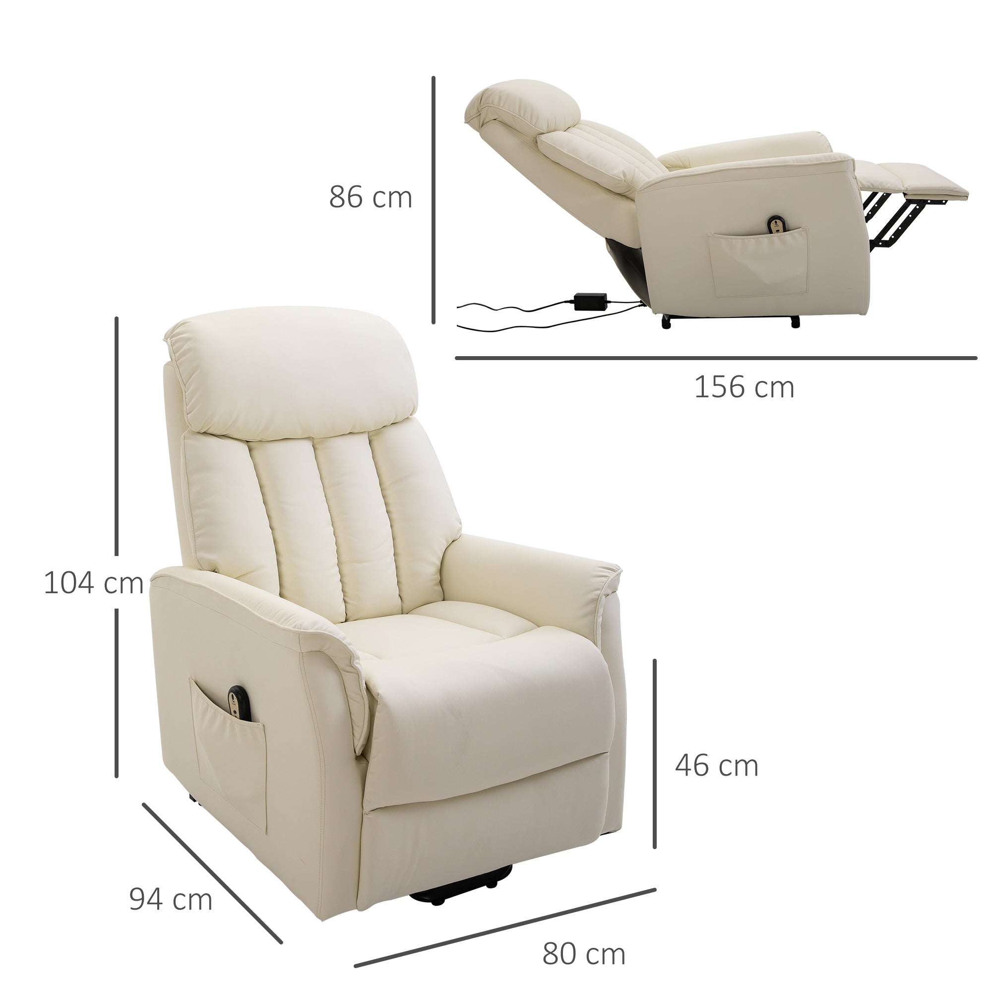 Electric Lift Recliner Chair 145°, Electric Relax Chair in PU Leather with Remote Control, Side Pockets and Integrated Footrest, Cream - Borgè
