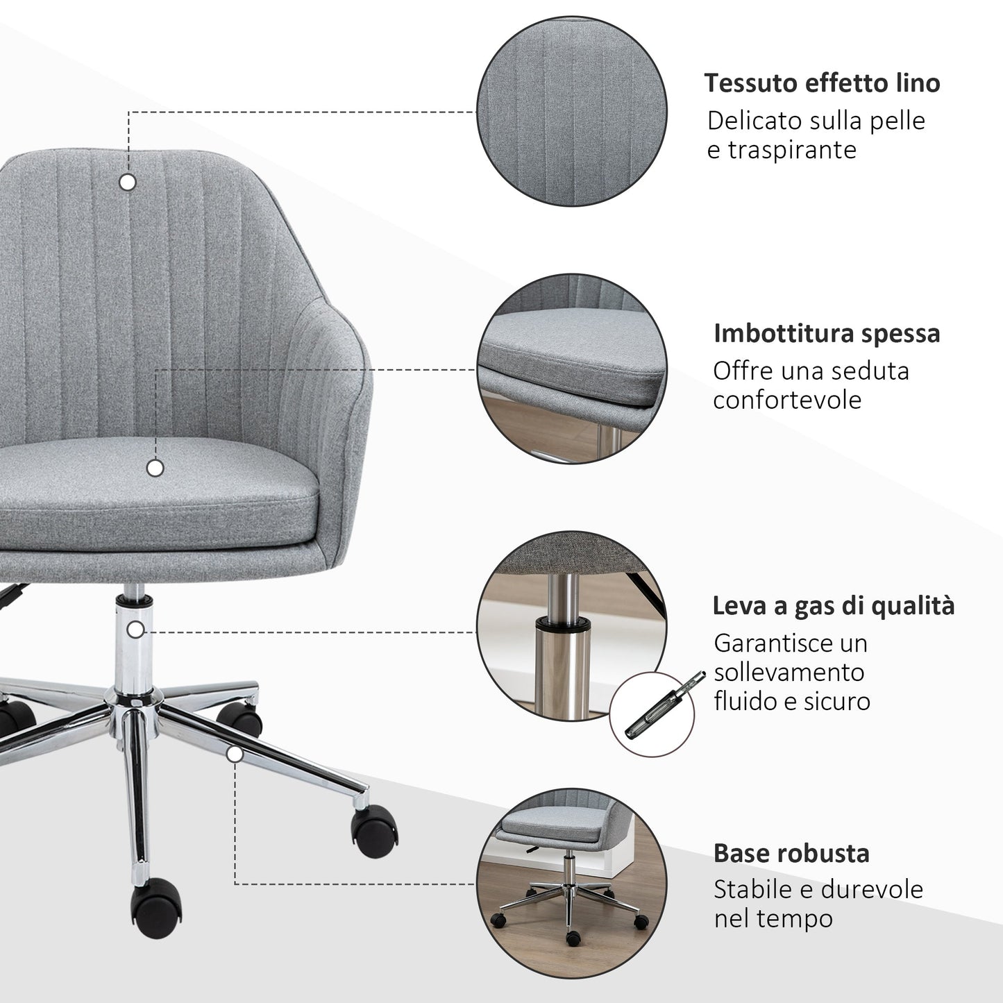 Vash office chair in fabric with swivel seat and adjustable height, light Grey - Borgè