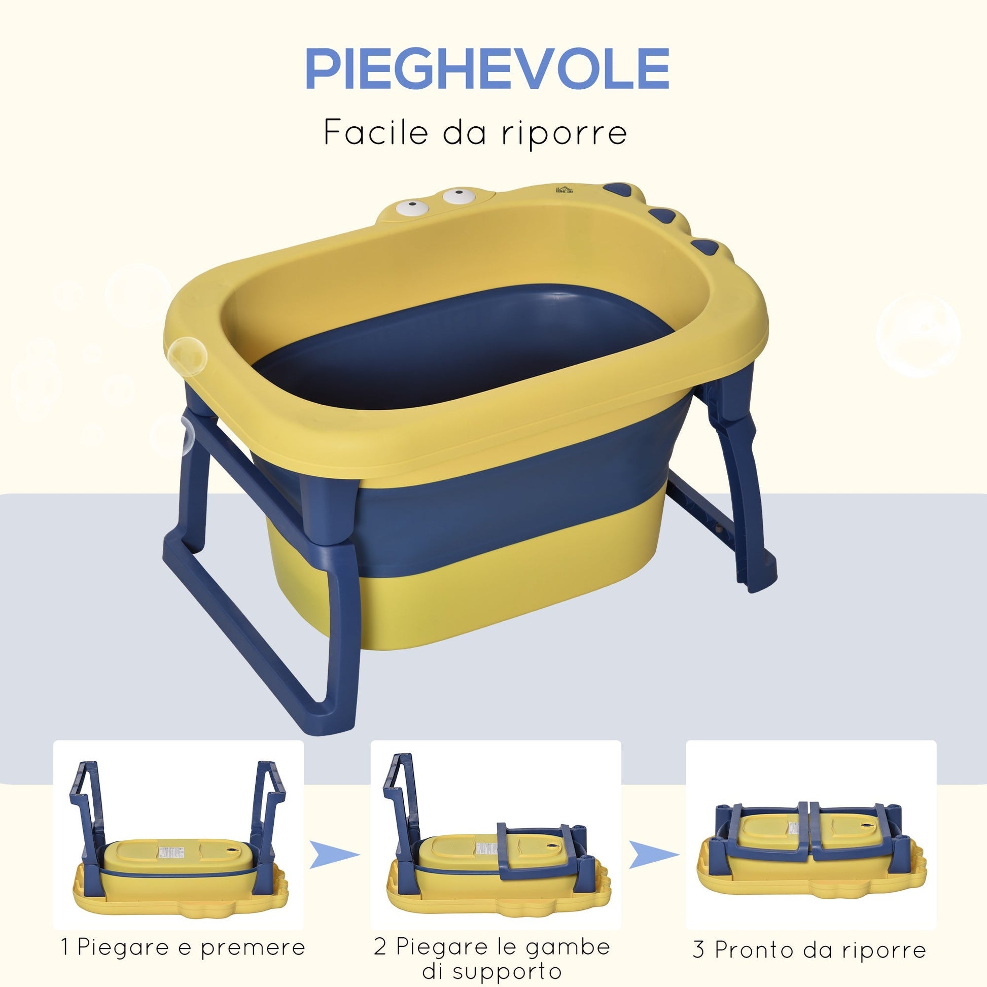 Folding bath tray for babies and children aged 0-6, in non-slip plastic, blue and yellow, 75.3x55.4x43cm - Borgè