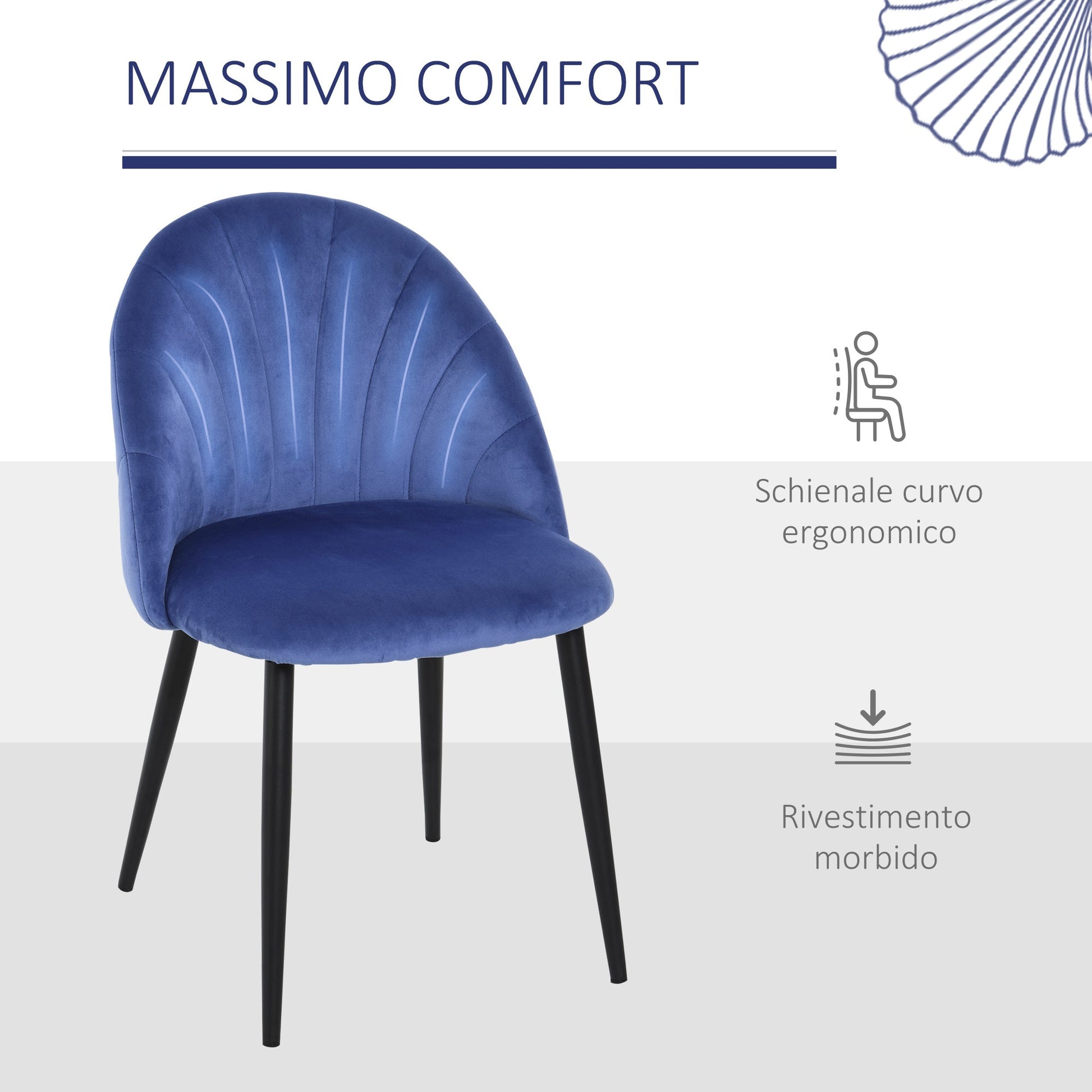 Set 2 chairs of dining room and living room padded, Nordic and ergonomic design in metal and blue velvet, 52x54x79 cm - Borgè