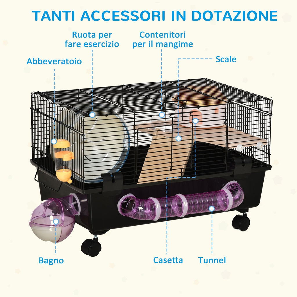 Hamster Cage with House, Tunnel and Wheel, Base with 4 Wheels, 60x35x38.5cm, Black and Brown - Borge' Group Limited