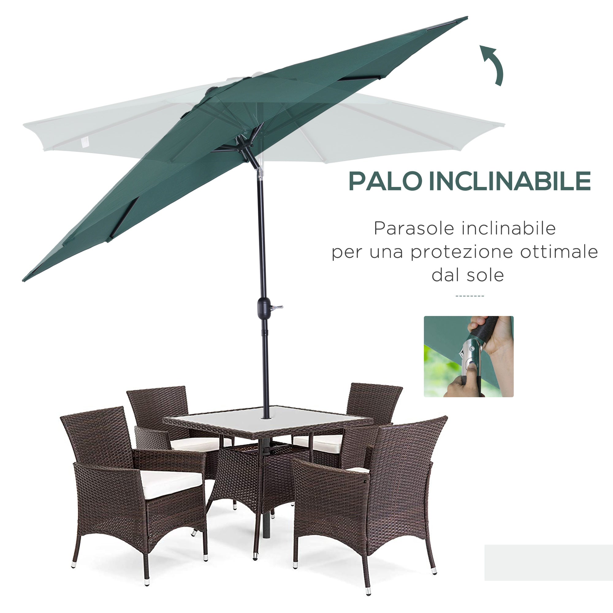 3x2.5 m Tilting Garden Umbrella with Crank Handle, Metal and Green Polyester - Borge' Group Limited