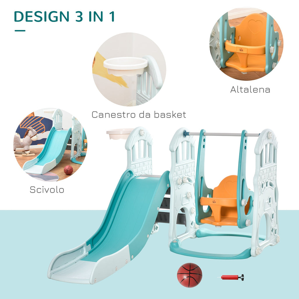 slide for children with adjustable swing, basket and balls for bedroom and garden, 149x186x98cm, blue and orange - Borgè
