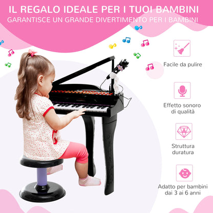 Electrical Piano Toy Musical Instrument For Children With 37 Microphone Keys And Stool 48x39x69cm Black - Borgè