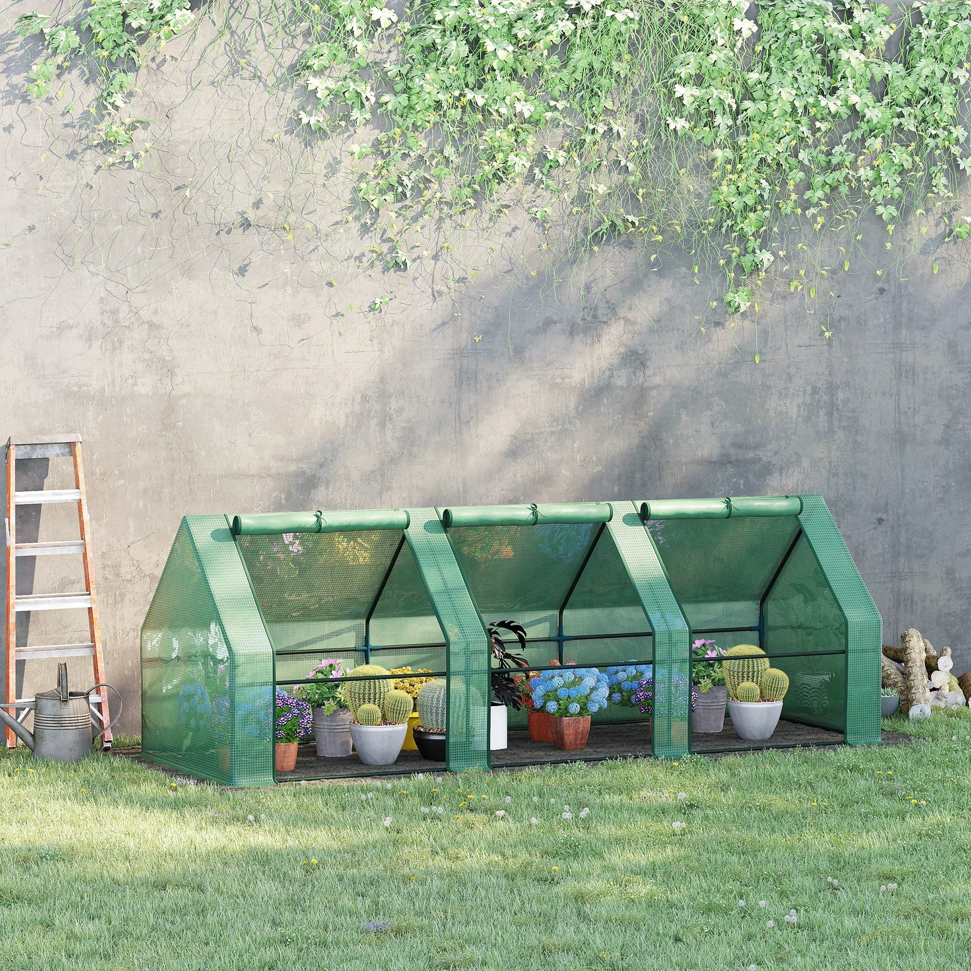 Outsunny PE Tunnel Garden Greenhouse for Plants and Flowers with Extended Edges and Hinged Doors, 270x90x90 cm, Dark Green - Borgè