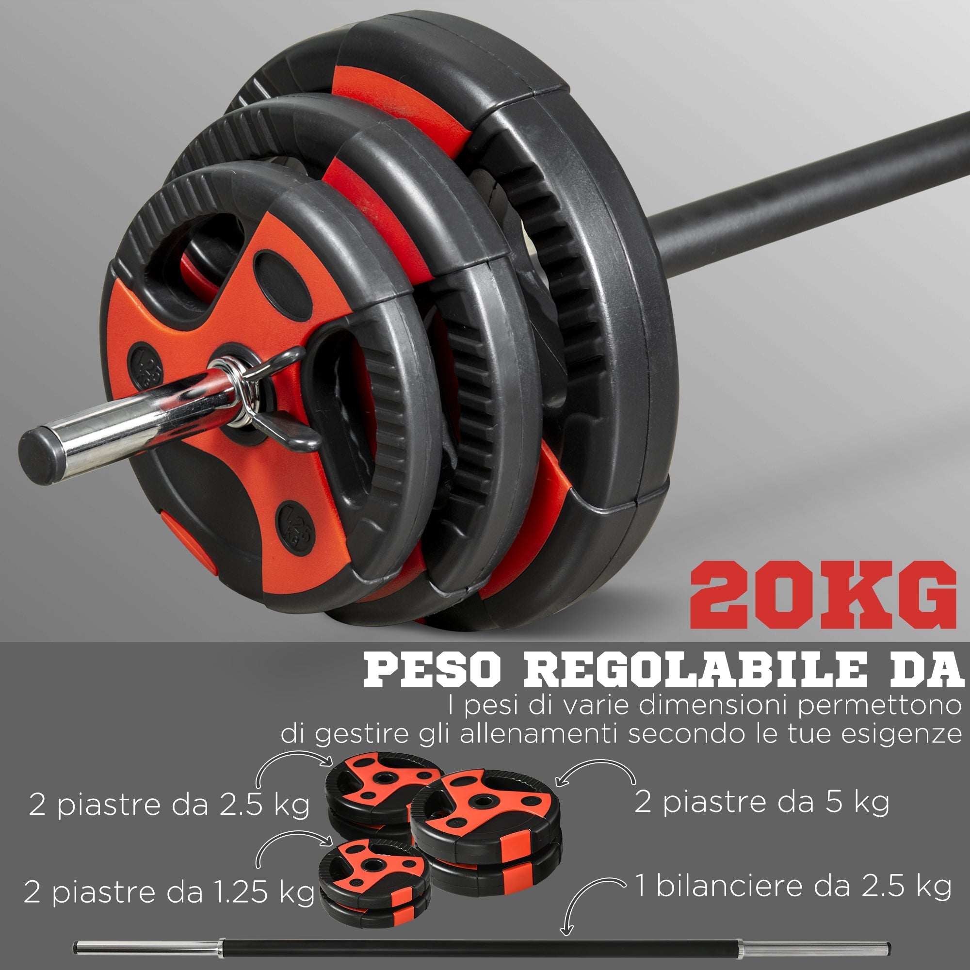 Barbell and Disc Set 20kg Total with Non-Slip PU Handle, Ø17x140 cm, Black and Red - Borge' Group Limited