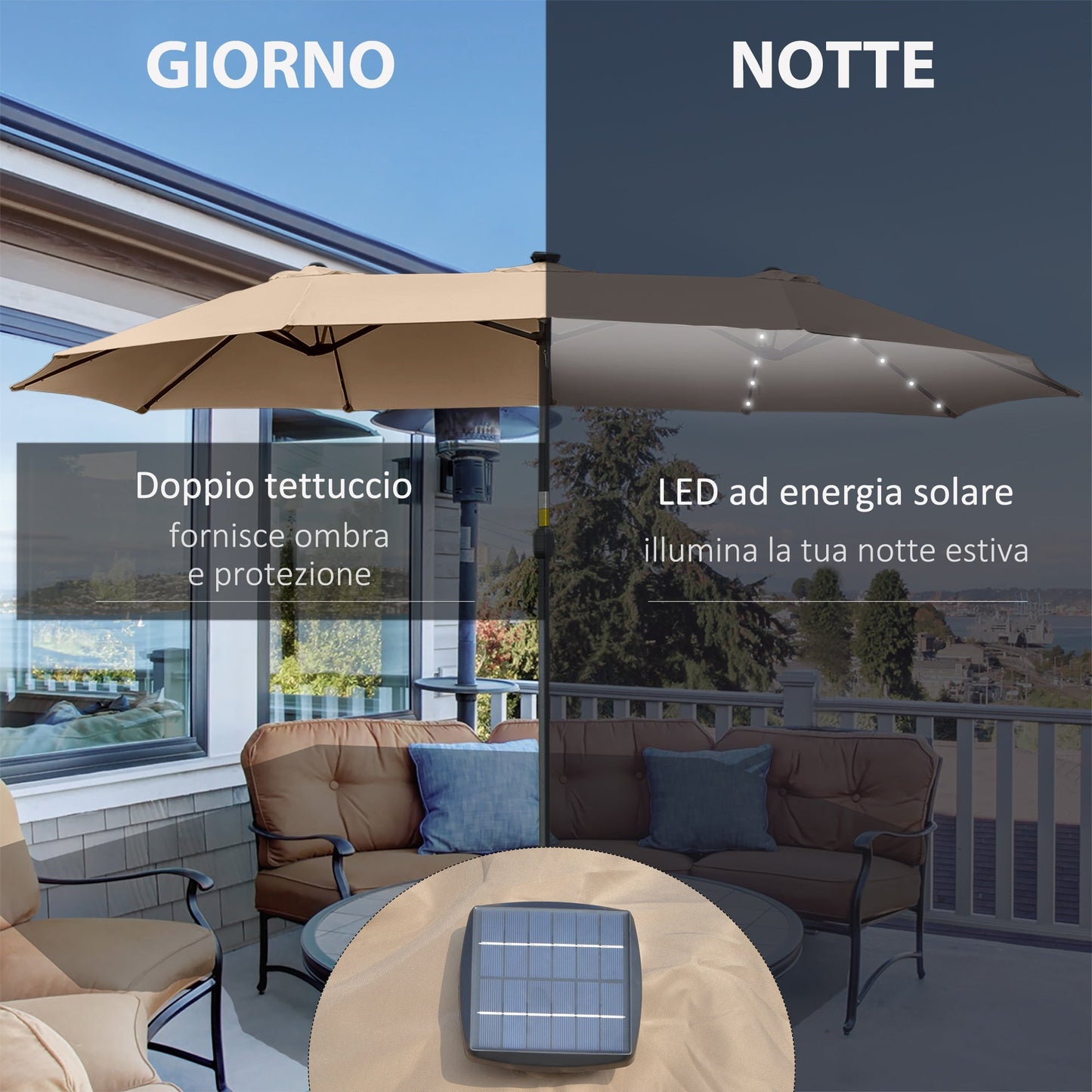 Double Garden Umbrella | 4.5m with 48 LED lights and Crank - Borgè