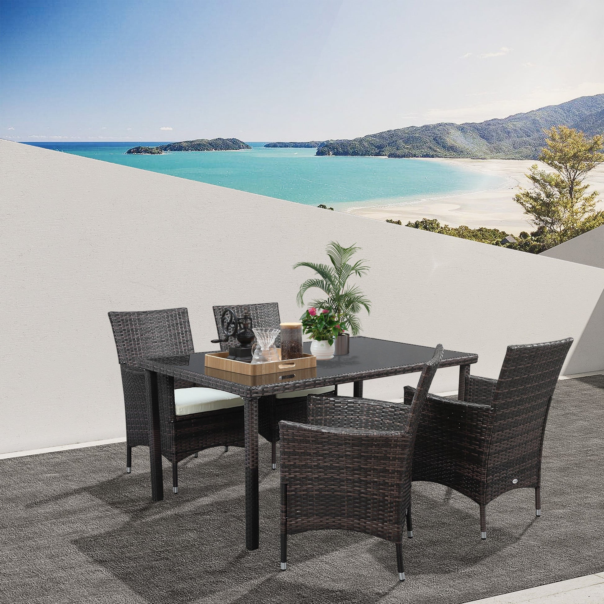 Outsunny garden furniture set 5 pieces in rattan, 4 chairs and 1 table with tempered glass top - Borgè