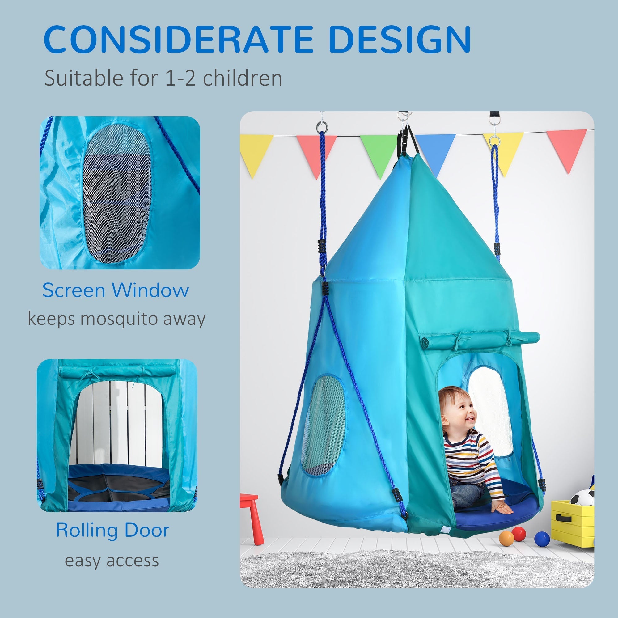 Outsunny Garden swing with 3-8 year olds curtains, Ã˜100cm and adjustable strings, blue - Borgè