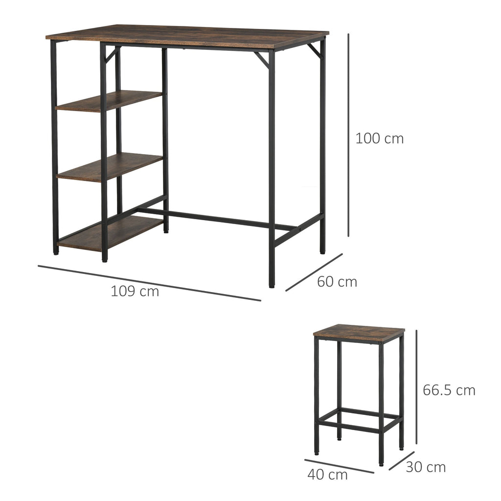 RUSTIC Bar with 2 Stools set | Shelf in Metal and Rustic Brown Wood - Borgè