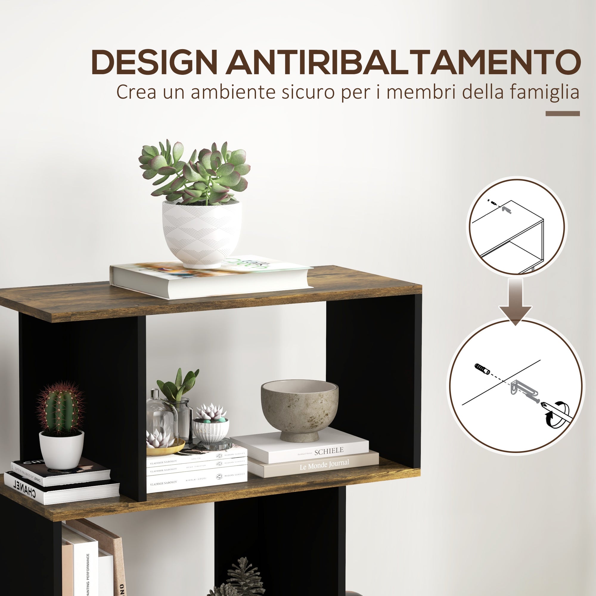 Homonda Modern Asymmetrical Wall Library with 5 Wooden shelves, 70x29.5x163cm, Rustic brown - Borgè