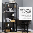 Mobile 7 -level bookcase in chipboard and steel for living room, bedroom and office, 83x34x180 cm, black - Borgè