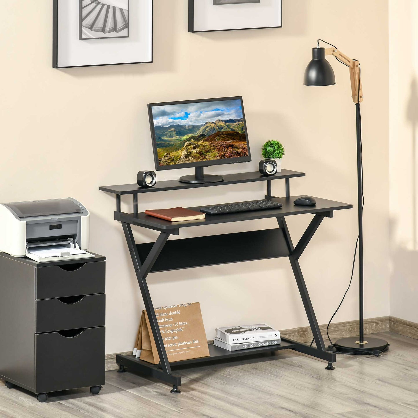 Table PC Room Road with raised monitor shelf, wooden office desk, 100x60x85.5cm - Black - Borgè