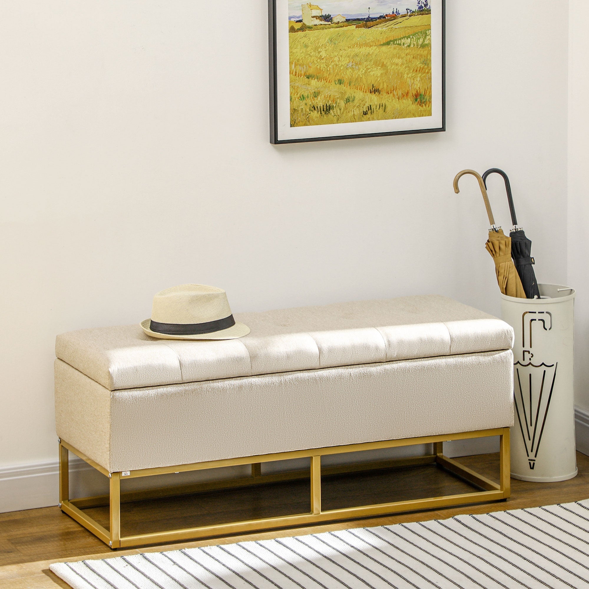 Homcom bench with quilted polyester container with gold steel legs, 110x44x48cm, beige - Borgè