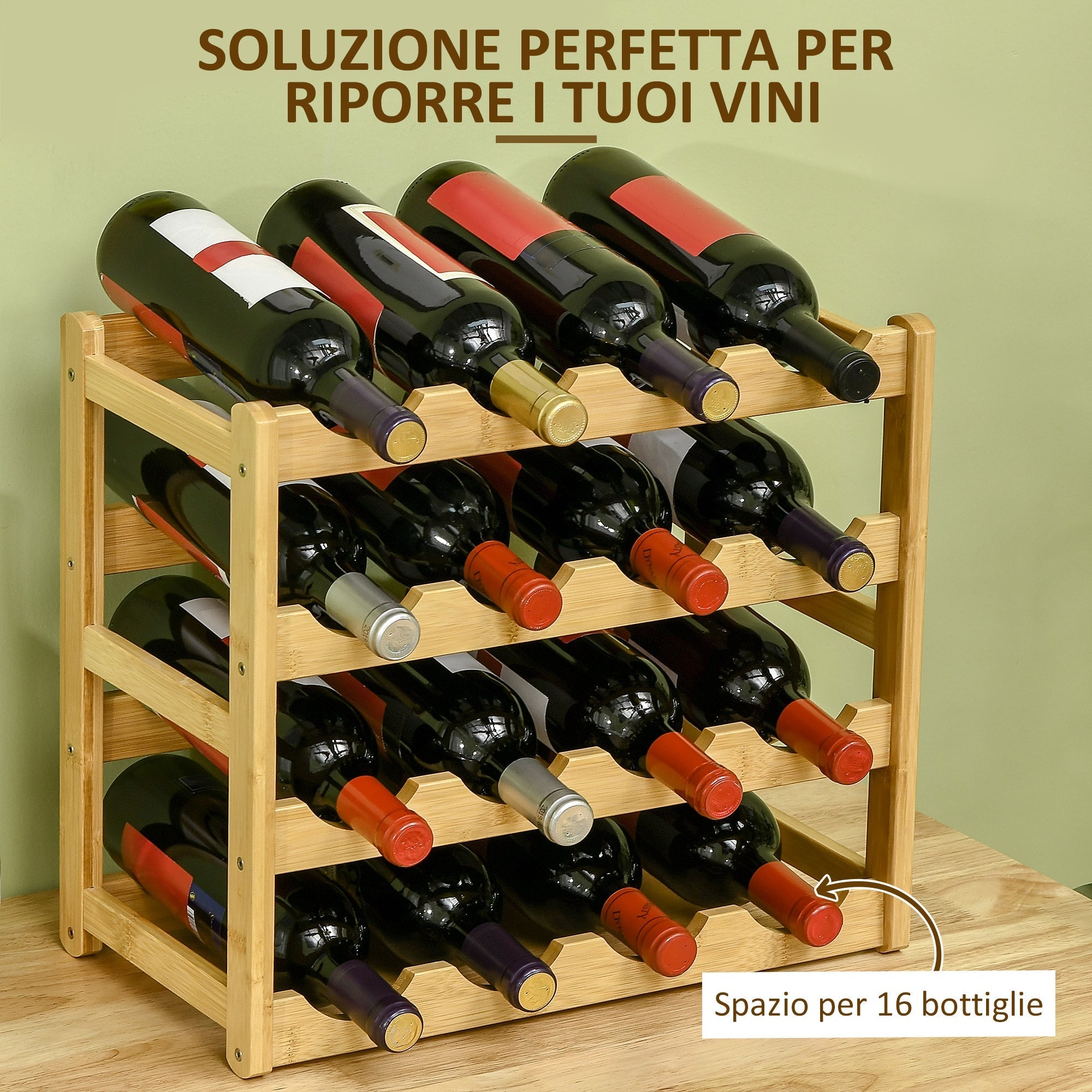 4 -level wine rack shelf for 16 bamboo wood bottles, 43x23.5x38cm - Borgè