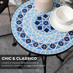 Round Metal Garden Coffee Table with Ceramic Top, Mosaic Design, Ф35.5x53.5cm, Blue - Borge' Group Limited